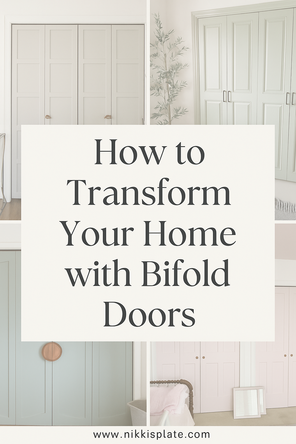 Pinterest pin collage showing four stylish bifold door designs in neutral gray, sage green, soft blue, and blush pink, with the title “How to Transform Your Home with Bifold Doors” and the website “www.nikkisplate.com” displayed in elegant serif typography.