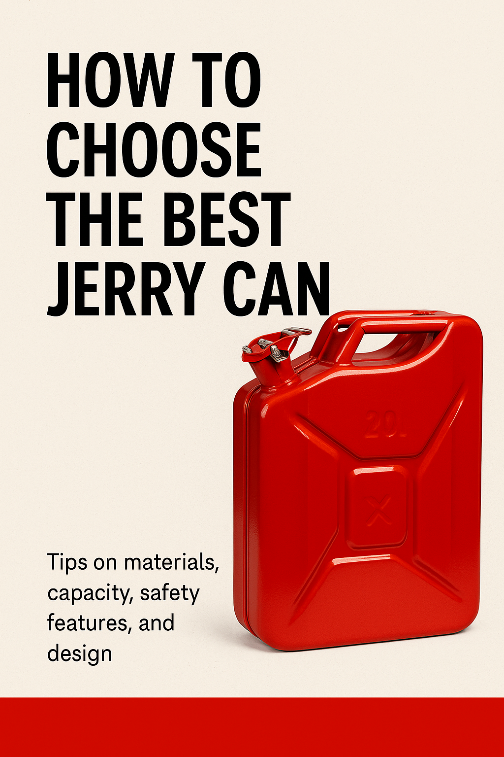 Pinterest graphic showing a red metal jerry can beside bold text that reads ‘How to Choose the Best Jerry Can,’ with a clean beige background and a subtitle highlighting tips on materials, capacity, safety features, and design.
