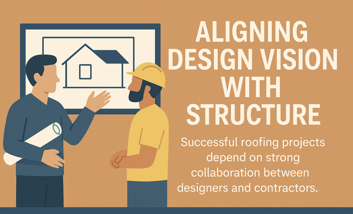 Illustration of a designer and roofing contractor collaborating on a house roof plan, symbolizing alignment between design vision and structural construction for successful roofing projects.