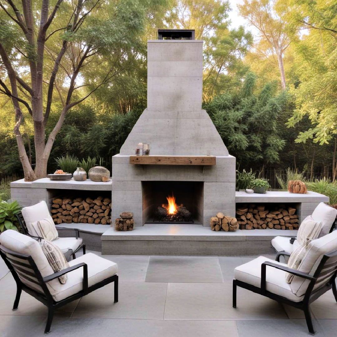 Modern outdoor concrete fireplace with wood storage, cushioned lounge chairs, and surrounding greenery creating a cozy backyard seating area.