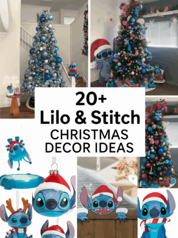 Collage pin featuring multiple Lilo & Stitch Christmas decor ideas, including Stitch-themed Christmas trees, ornaments, inflatables, and outdoor decorations, with the title “20+ Lilo & Stitch Christmas Decor Ideas” in the center.