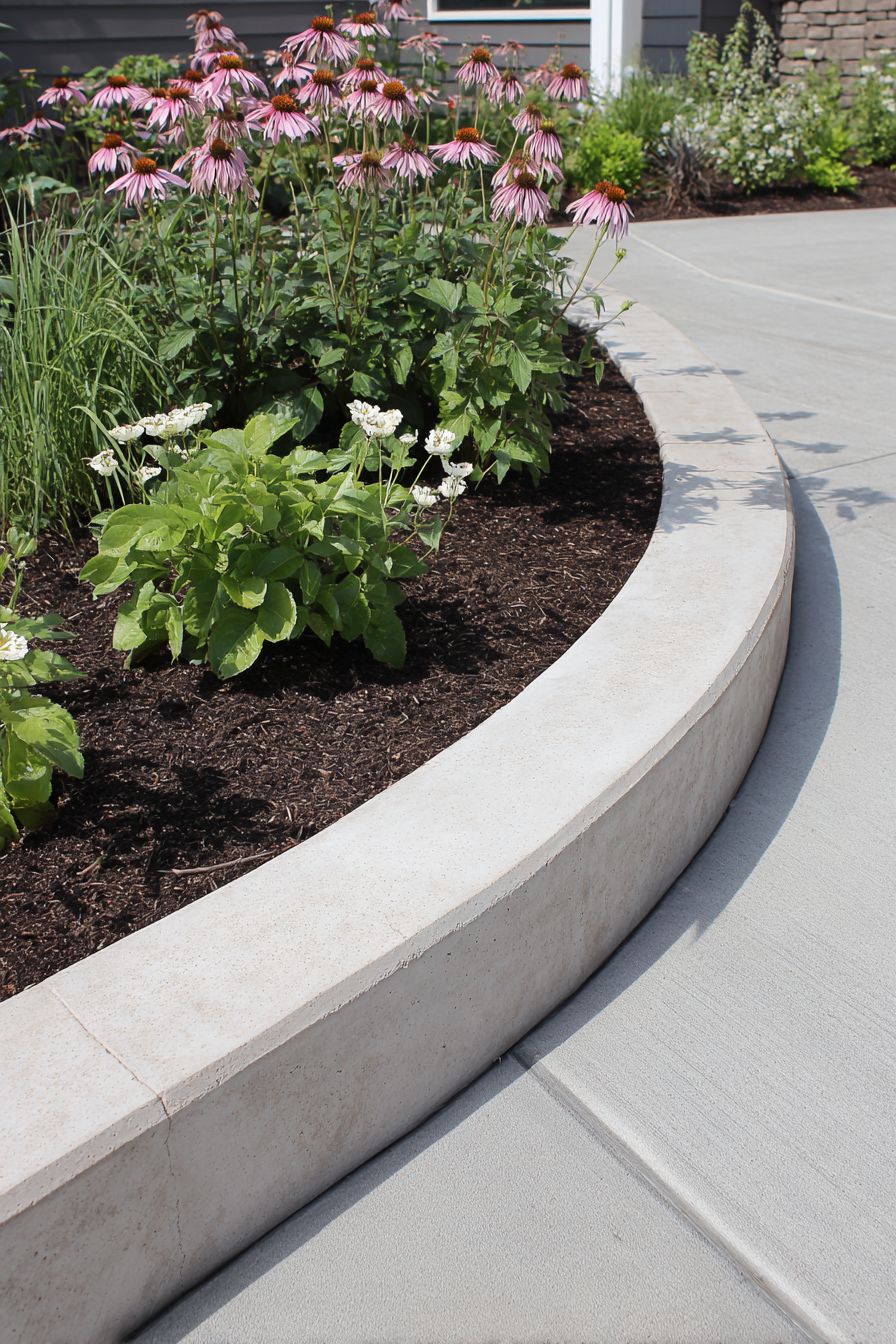 Curved concrete garden edging bordering a landscaped flower bed with blooming pink coneflowers and greenery beside a smooth concrete walkway.