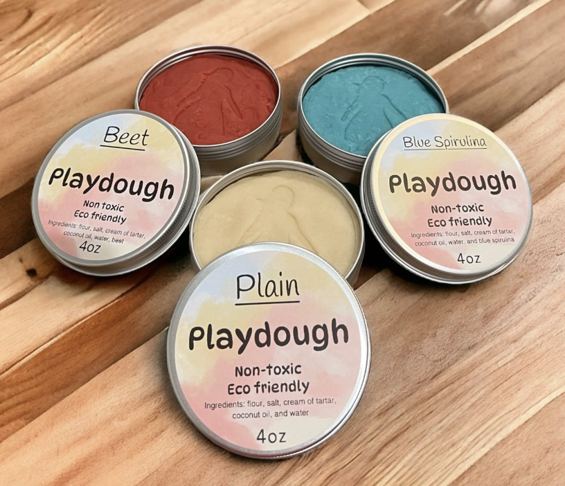 eco-friendly non-toxic playdough set in reusable tins made with natural dyes like beet and blue spirulina
