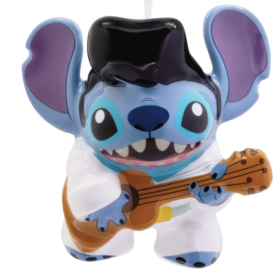 Elvis-themed Stitch Christmas ornament featuring Stitch in a white jumpsuit holding a guitar.