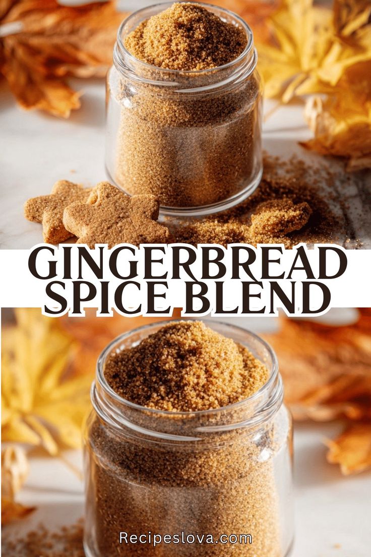 Glass jar filled with homemade gingerbread spice blend surrounded by gingerbread cookies and fall leaves - a cozy homemade homemaker gift idea for Christmas.