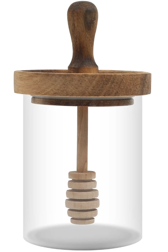clear glass honey jar with acacia wood lid and dipper non-toxic kitchen accessory eco-friendly home gift