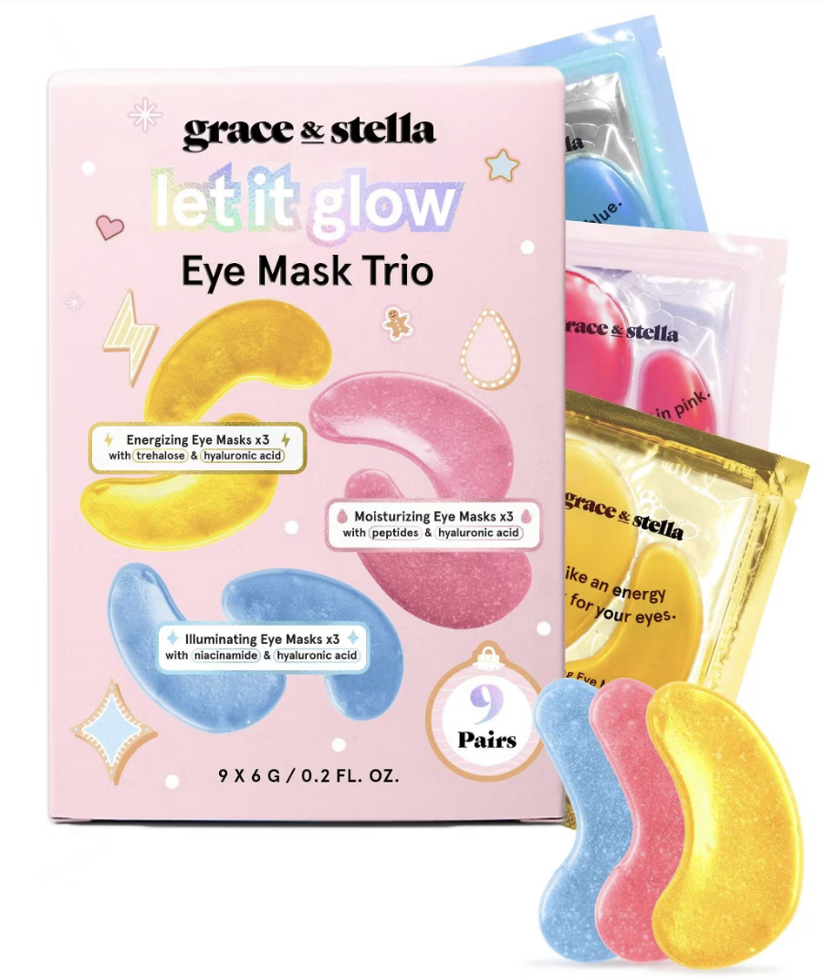 Grace and Stella Let It Glow Eye Mask Trio clean skincare under-eye mask gift set with hyaluronic acid and niacinamide