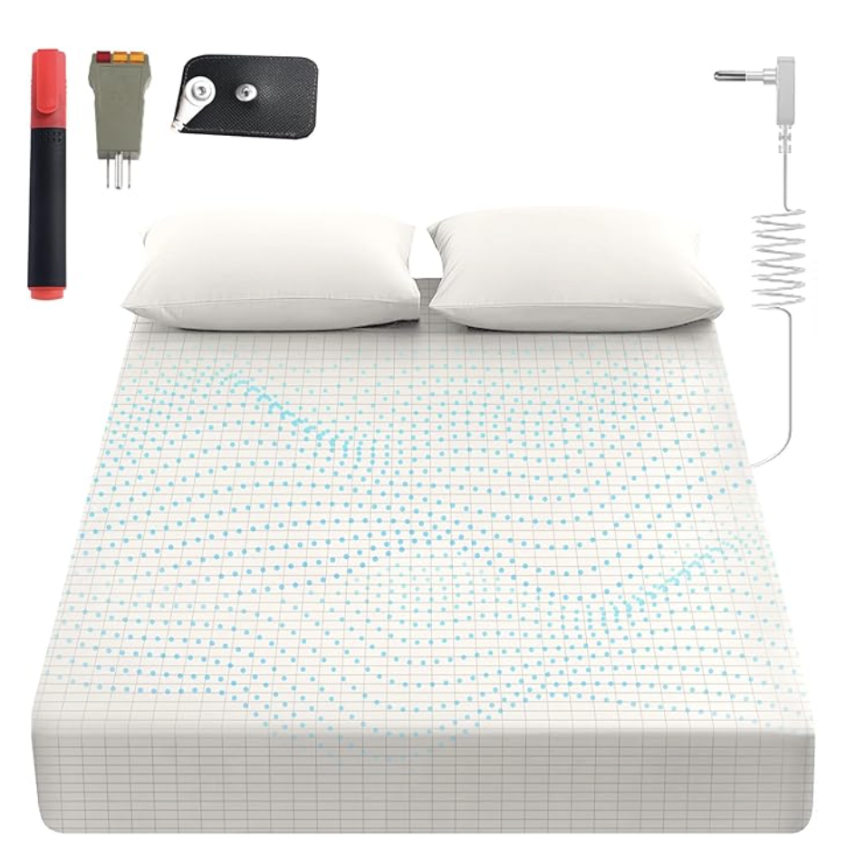 grounding sheet kit with conductive silver grid on bed non-toxic sleep gift for wellness and relaxation