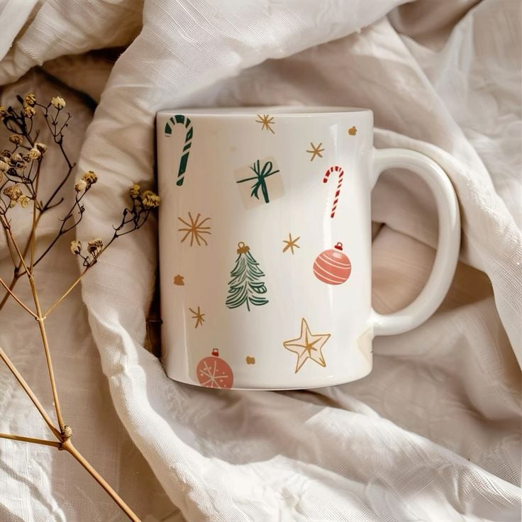White Christmas mug decorated with festive candy canes, ornaments, and stars - a cozy and creative homemade homemaker gift idea for Christmas.