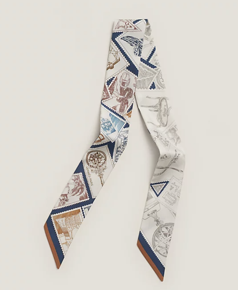 Hermès Le Philateliste du Faubourg silk twilly scarf in white with blue and brown illustrated stamp motifs
