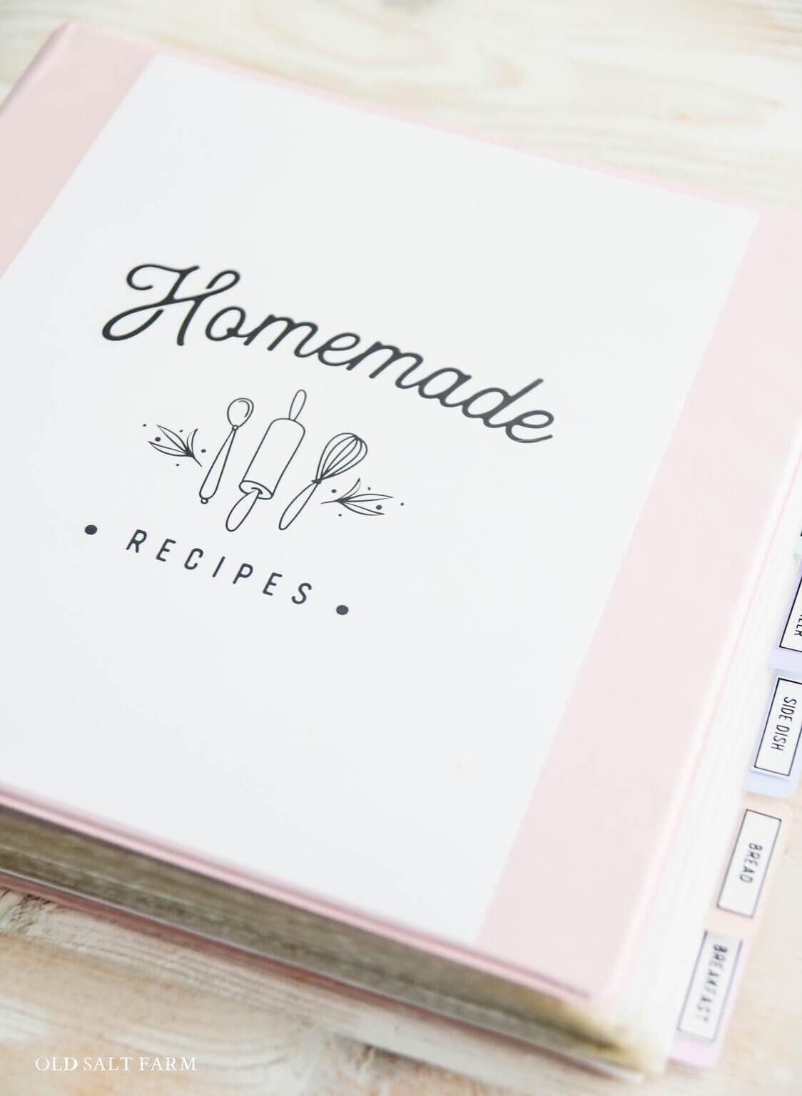 Homemade recipe book with dividers and a pink cover - a thoughtful and personalized homemade homemaker gift idea for Christmas.