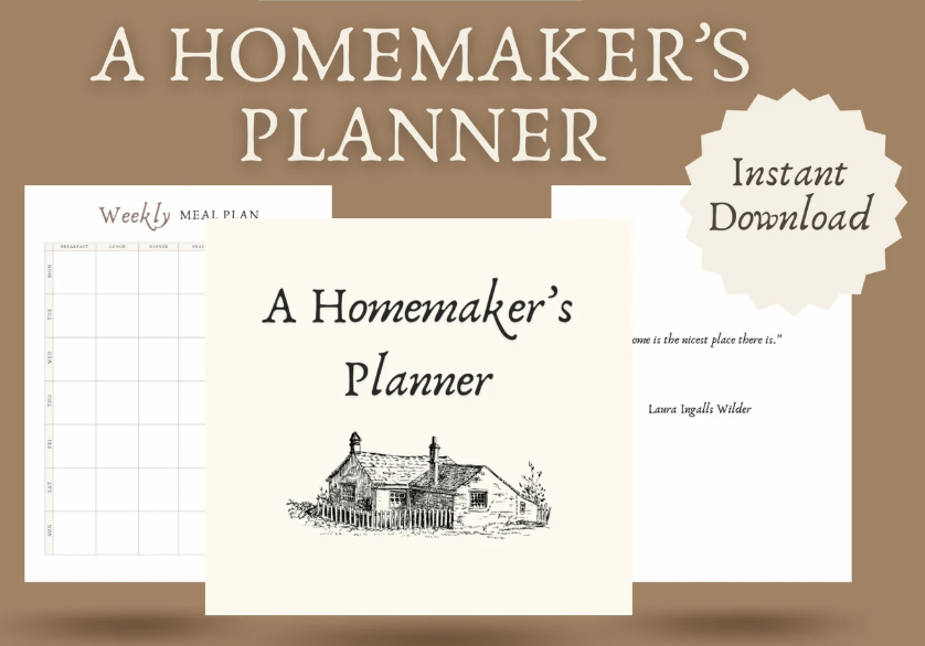Printable homemaker's planner with weekly meal plan pages and home management templates - a thoughtful digital homemaker gift idea for Christmas.