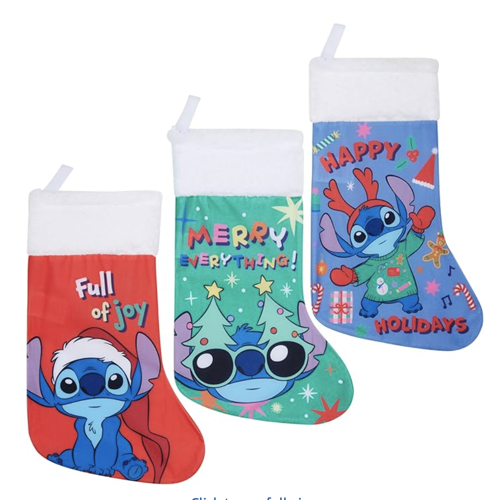 Set of three Lilo and Stitch Christmas stockings featuring Stitch in festive holiday designs with phrases like 