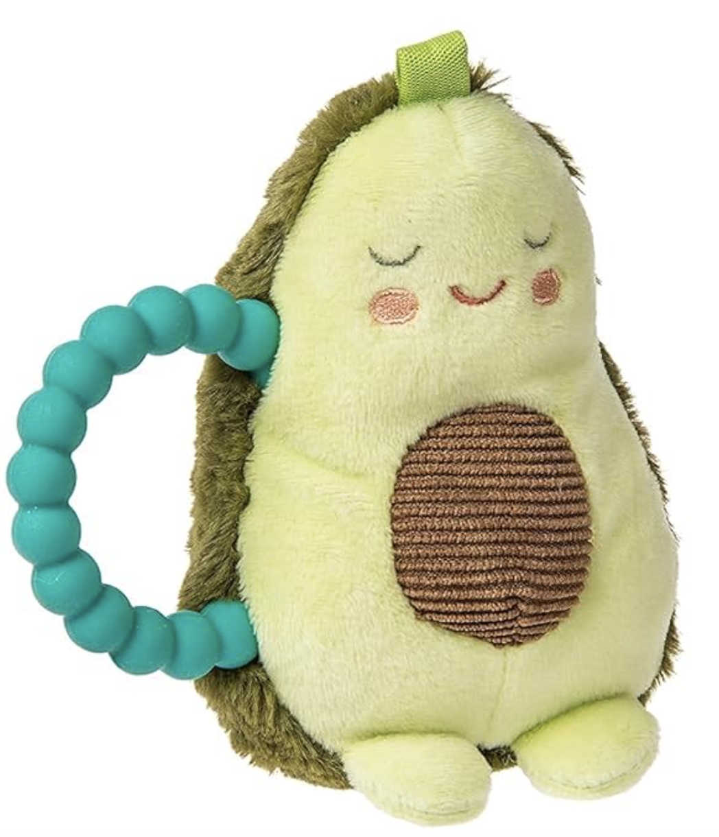 plush avocado baby rattle with turquoise silicone teething handle non-toxic sensory toy for infants