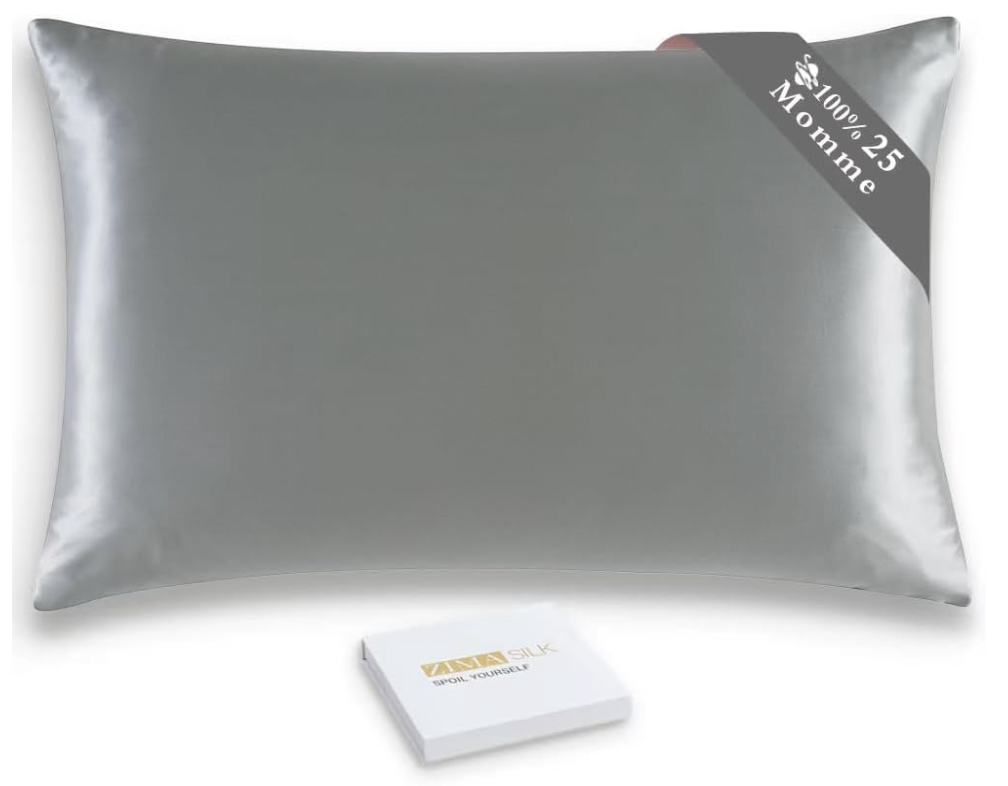 Silver 25 momme mulberry silk pillowcase displayed with branded packaging.