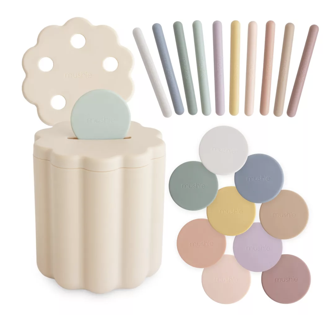 Mushie silicone coin sorting toy set in pastel colors non-toxic educational baby toy for fine motor skill development