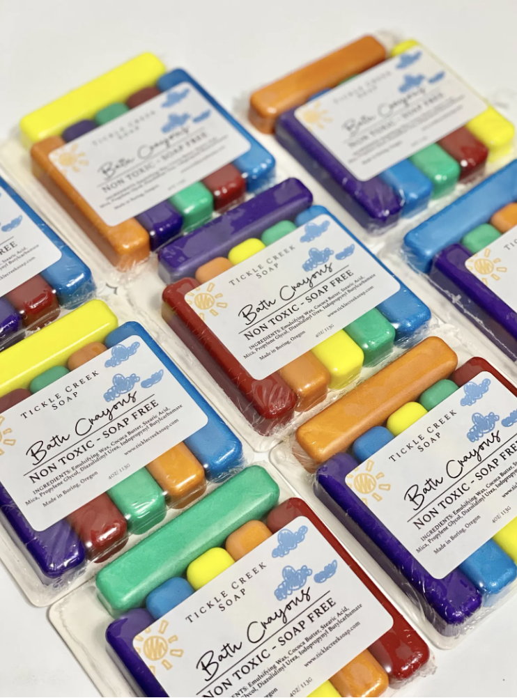 colorful non-toxic bath crayons for kids made with natural ingredients from Tickle Creek Soap eco-friendly bath toy