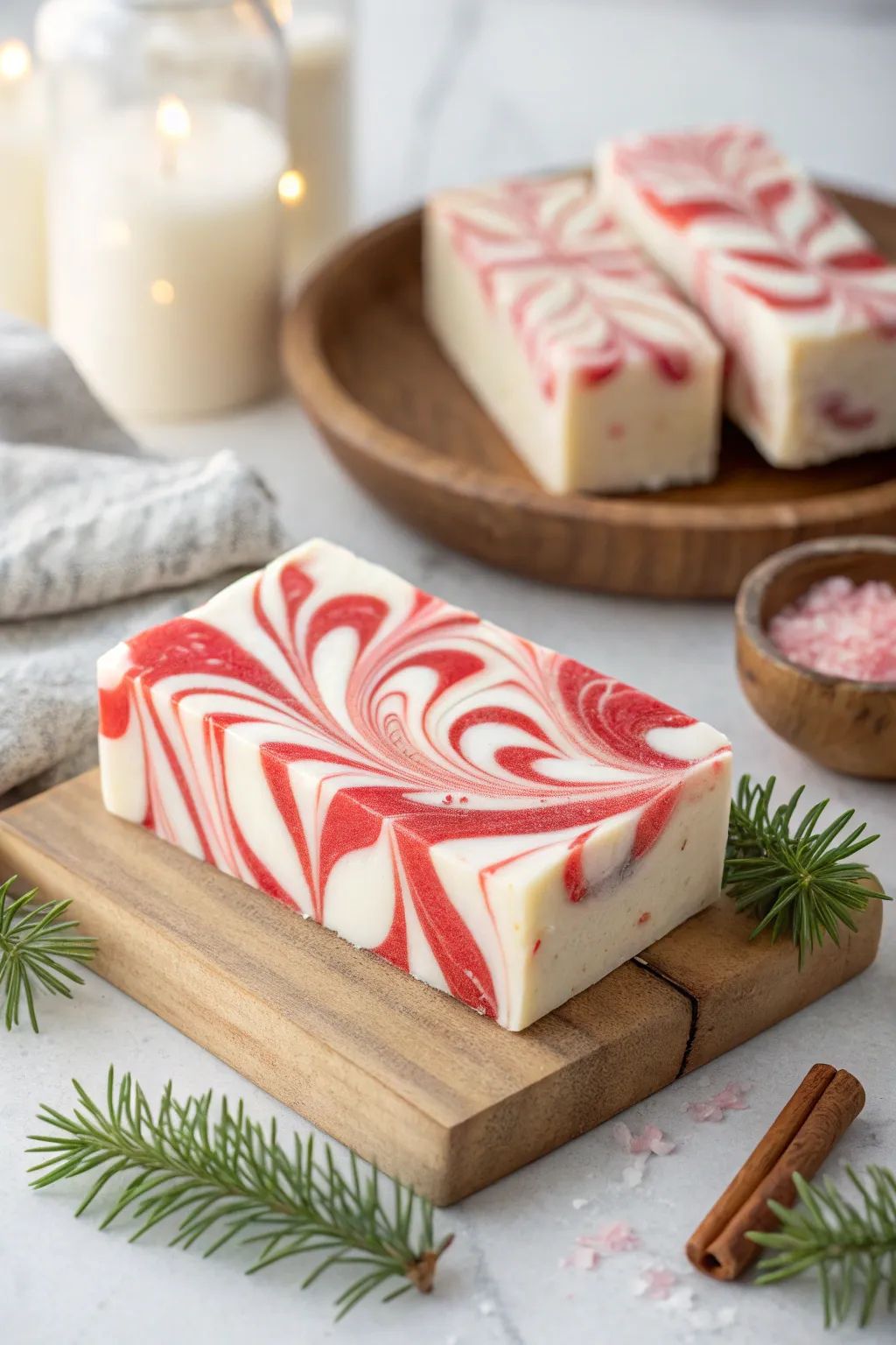 Festive red and white peppermint handmade soap bars styled with pine sprigs and cinnamon sticks - a natural homemade homemaker gift idea for Christmas.