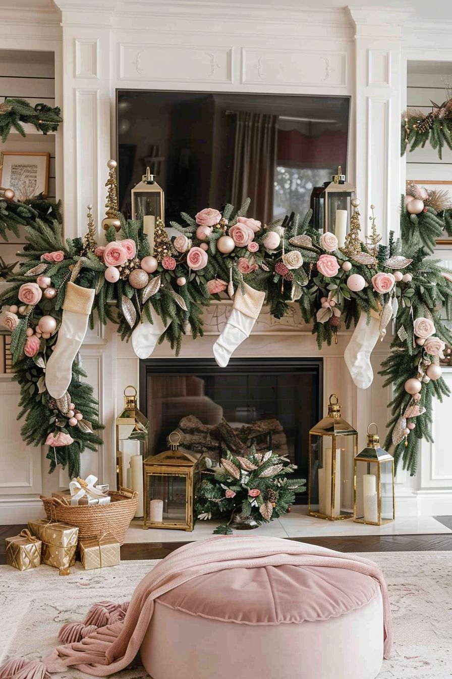 Elegant Christmas mantel decorated with lush greenery, pink roses, blush ornaments, satin stockings, and gold lanterns in a soft pink holiday living room.
