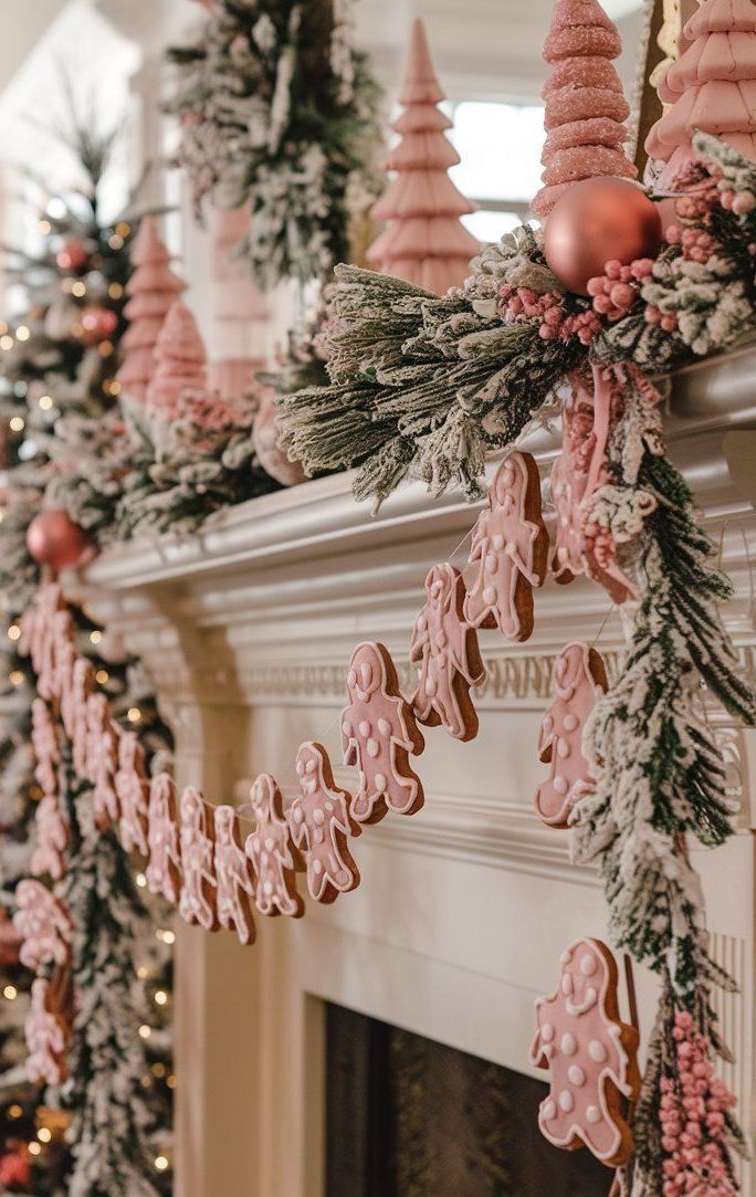 Pink gingerbread garland hanging across a frosted Christmas mantel decorated with blush bottle brush trees and pink ornaments.