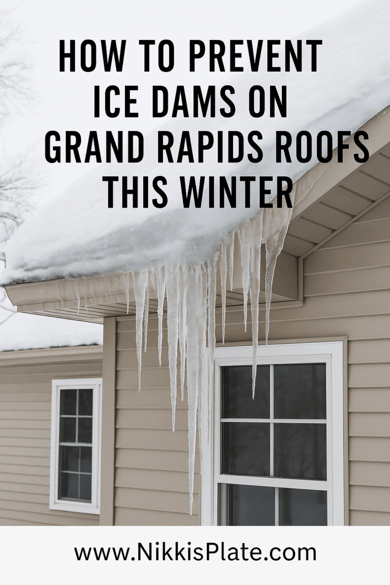 Pinterest graphic showing a Grand Rapids home roof covered in snow and icicles with text overlay reading