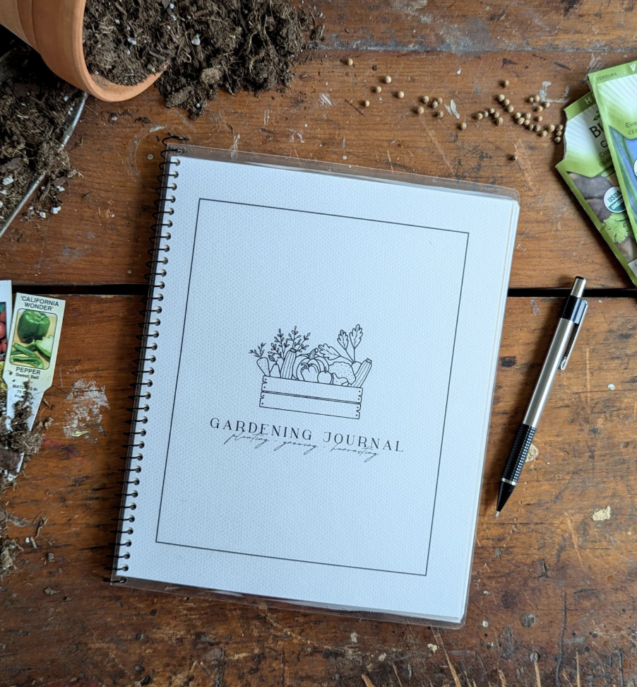 Printable gardening journal notebook with seed packets and soil - a thoughtful and practical digital homemaker gift idea for Christmas.