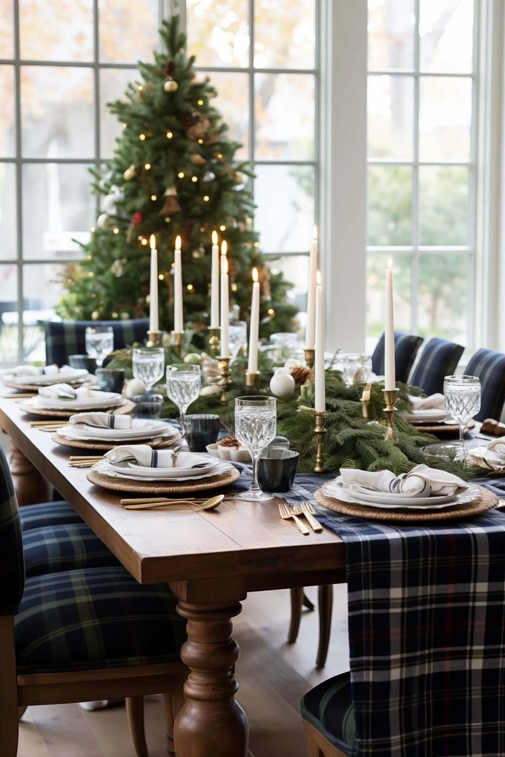 Elegant Ralph Lauren Christmas dining table set with navy tartan runners, brass candleholders, crystal glassware, and gold flatware beside a decorated Christmas tree in a bright windowed room.