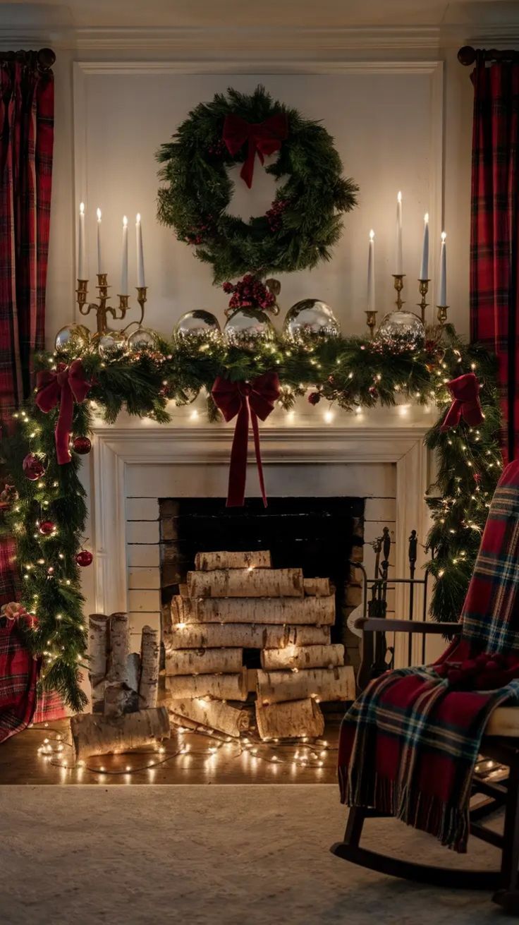 Elegant Ralph Lauren Christmas fireplace with a lush green garland, brass candlesticks, red velvet bows, birch logs, and a classic wreath, surrounded by plaid curtains and a tartan throw for a cozy, traditional holiday feel.