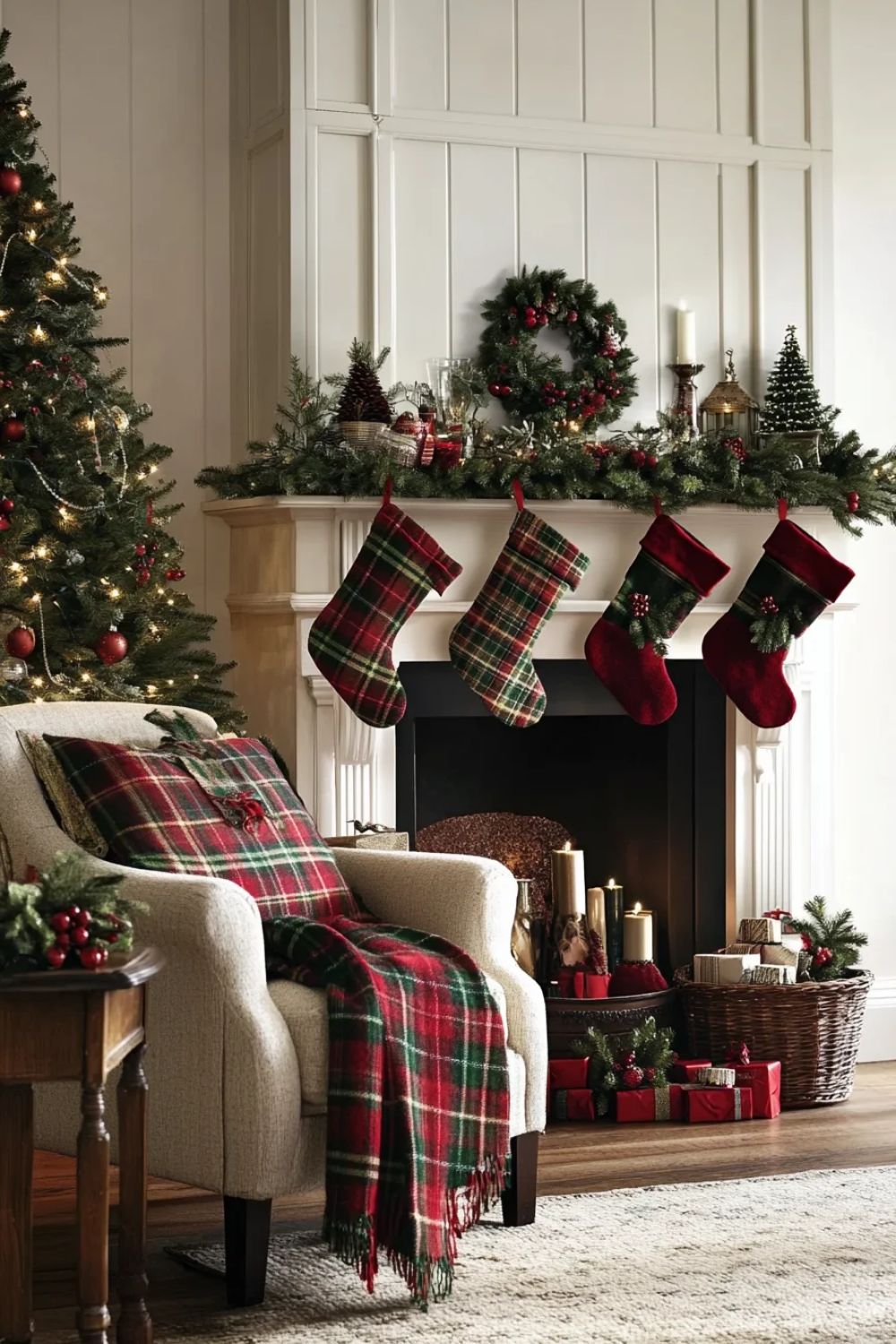 Cozy Ralph Lauren Christmas living room with a decorated fireplace mantel, plaid stockings, red and green tartan throw, holiday wreath, and classic evergreen garland for a warm traditional holiday atmosphere.