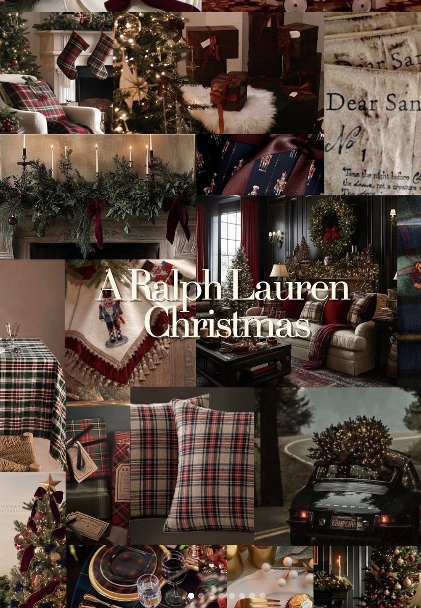 Collage of Ralph Lauren Christmas decor inspiration featuring tartan fabrics, red velvet ribbons, greenery garlands, nutcracker details, plaid pillows, and cozy living room scenes for a luxurious, traditional holiday aesthetic.