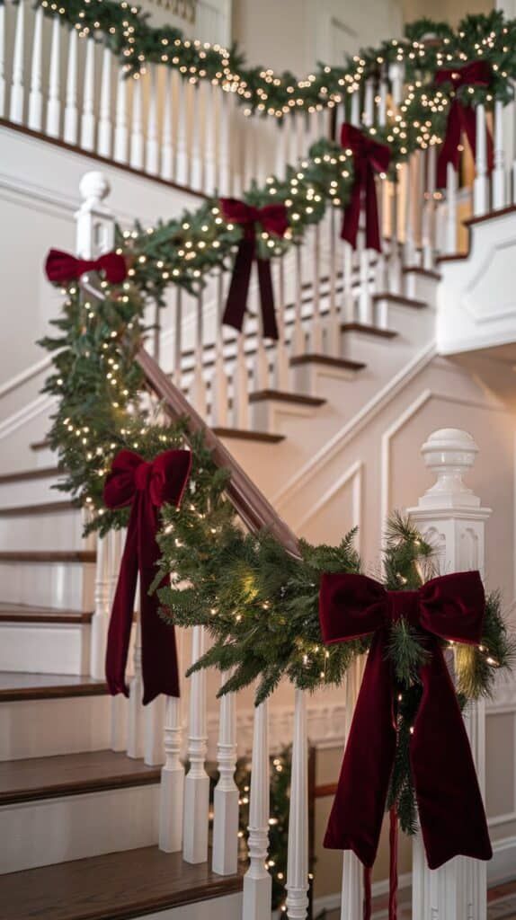 Elegant staircase decorated in Ralph Lauren Christmas style with lush evergreen garland, warm white string lights, and deep burgundy velvet bows for a timeless holiday look.