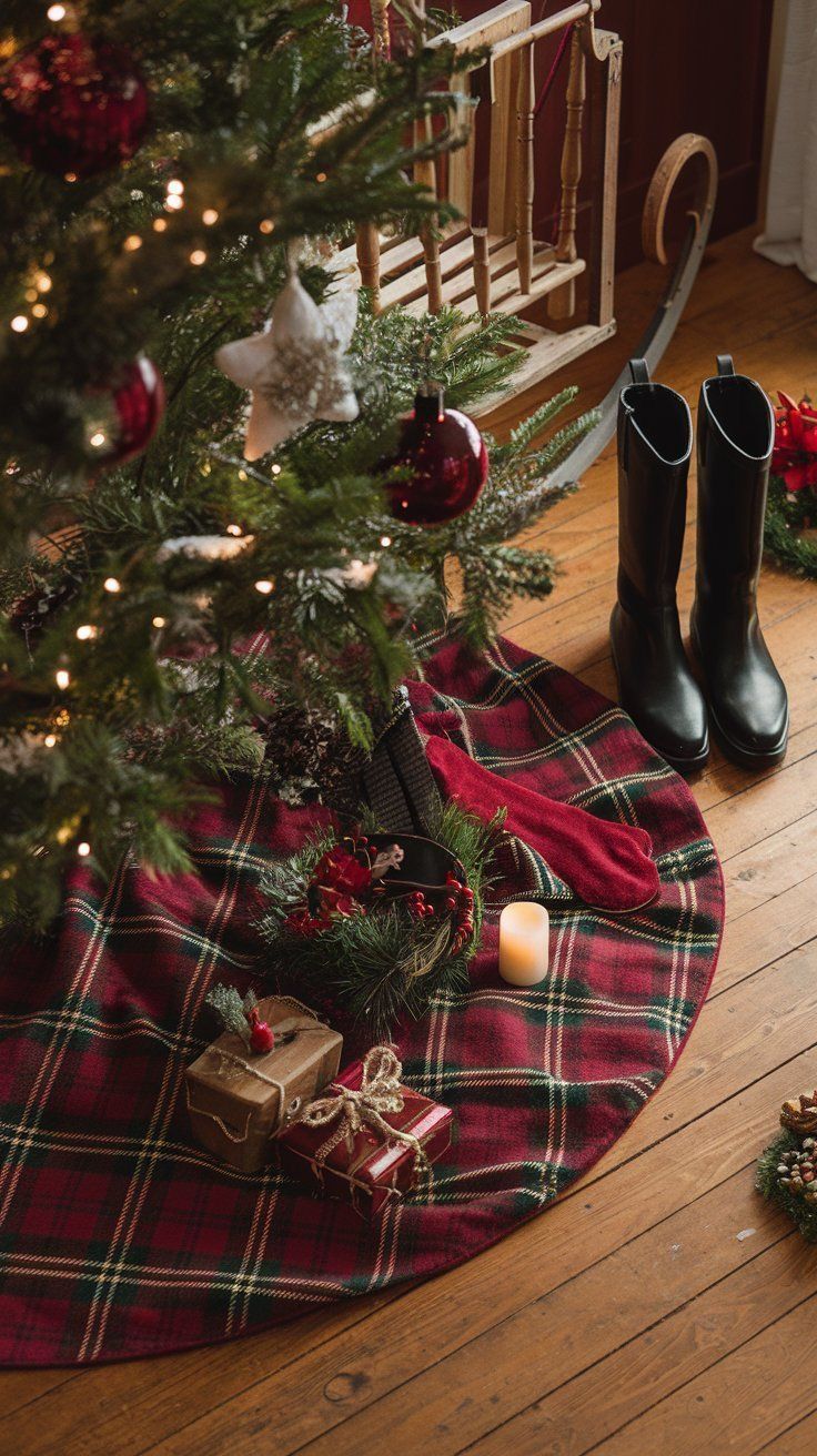 Cozy Ralph Lauren-inspired Christmas tree with a red tartan plaid tree skirt, vintage wooden sled, leather riding boots, wrapped gifts, and soft candlelight for a classic heritage holiday look.