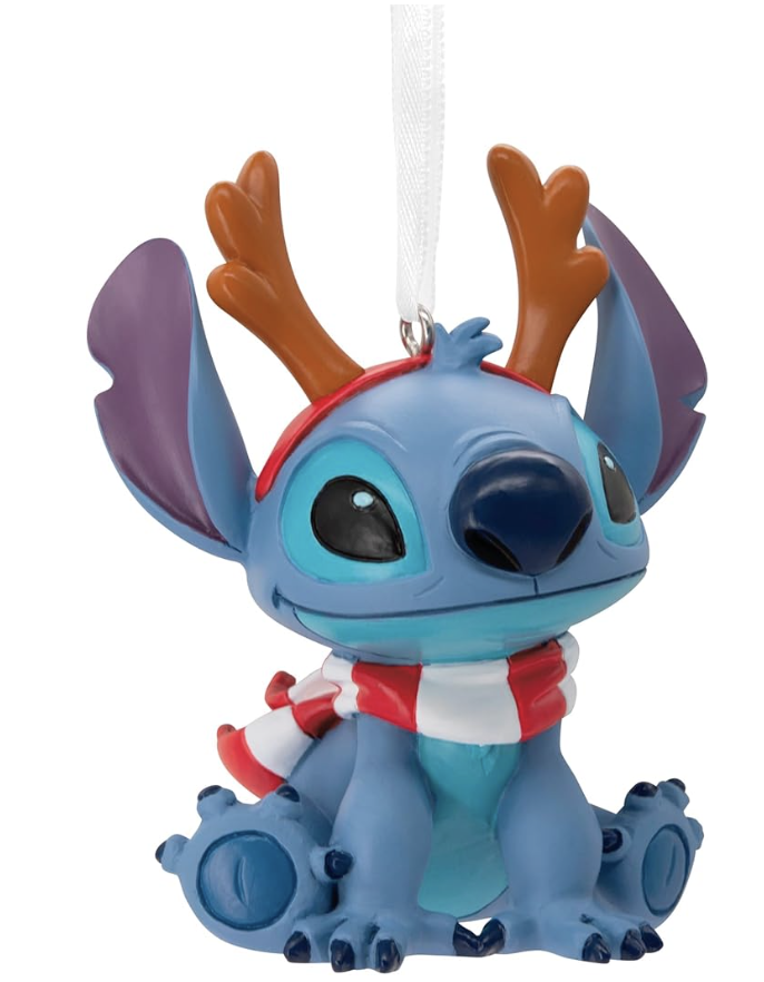 Stitch Christmas ornament featuring Stitch wearing reindeer antlers and a red-and-white striped scarf.