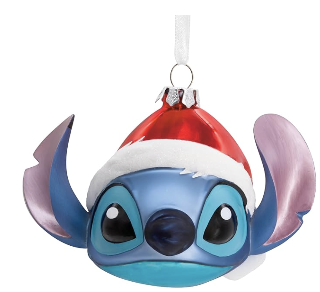 Stitch Christmas ornament featuring Stitch's head wearing a red and white Santa hat.