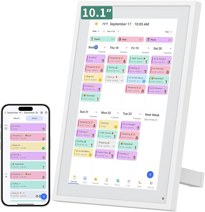 Smart digital family calendar screen showing a color-coded weekly schedule next to a synced phone app.