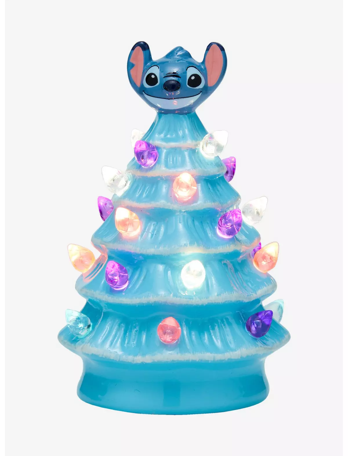 Blue Stitch-themed ceramic Christmas tree decorated with colorful vintage-style lights and a Stitch figure at the top.