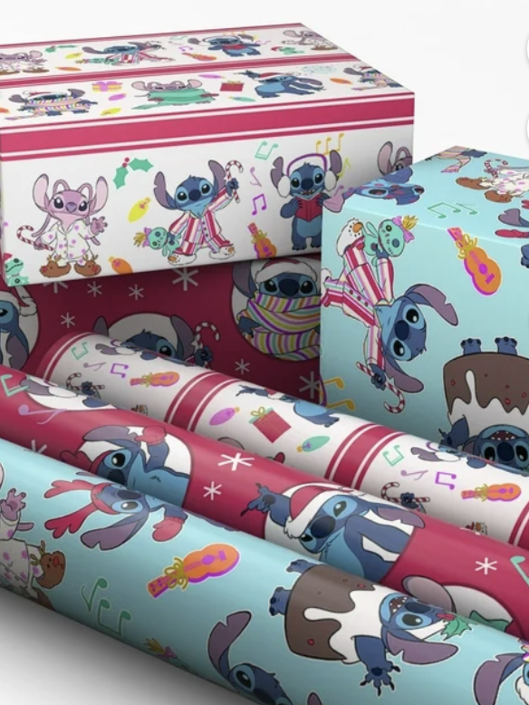 Three-pack of Lilo & Stitch Christmas wrapping paper featuring Stitch in festive pajamas, Santa hats, winter scarves, and holiday-themed designs.