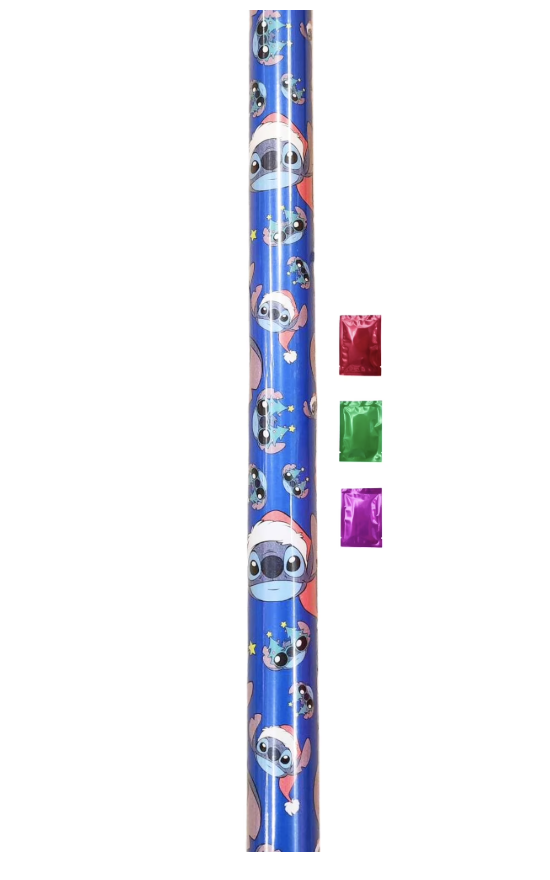 Blue Lilo & Stitch Christmas wrapping paper roll featuring Stitch in a Santa hat with bonus metallic gift wrap sheets.