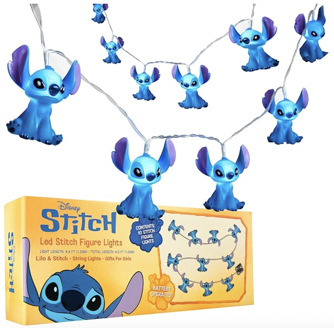Battery-operated Stitch LED string lights featuring small Stitch figure bulbs, perfect for Lilo & Stitch Christmas or bedroom decor.