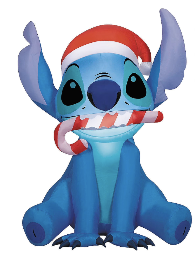 Outdoor Christmas inflatable of Stitch wearing a Santa hat and holding a candy cane in his mouth.