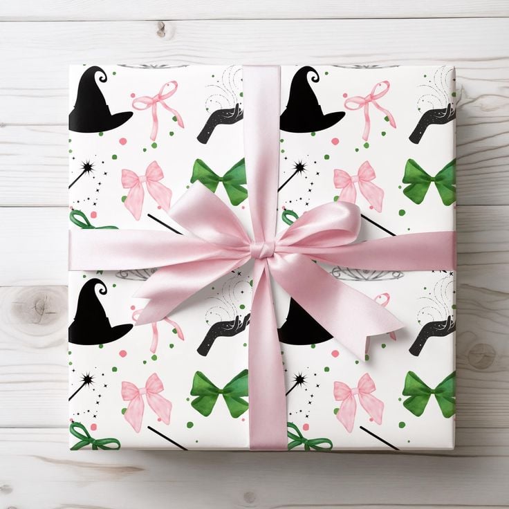 Wicked Christmas gift wrapped in paper featuring witch hats, wands, and pink and green bows, tied with a soft pink ribbon.