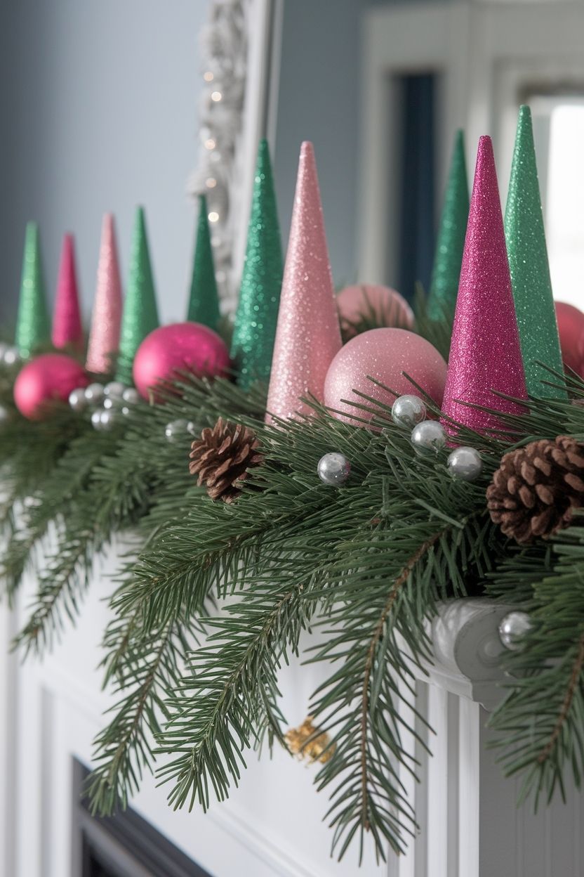 Wicked-inspired Christmas mantel decorated with pink and green glitter cone trees, pine greenery, pinecones, and ornaments.