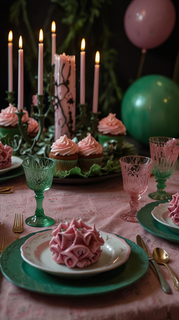 Wicked-inspired Christmas tablescape with pink and green glassware, cupcakes, tall candles, and a moody holiday setup.