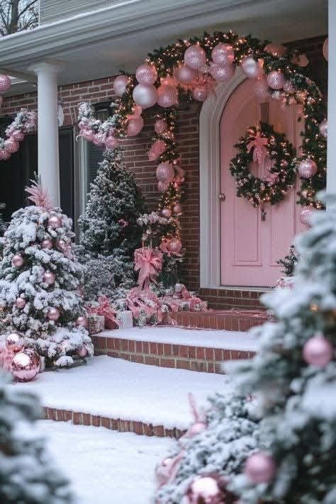 Wicked-inspired pink Christmas front porch with snow-covered trees, pink ornaments, and a matching pink door wreath.