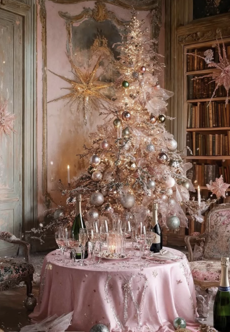 Elegant pink Christmas tree decorated with champagne ornaments, glittering branches, and soft candlelight beside a romantic French-inspired holiday tablescape.