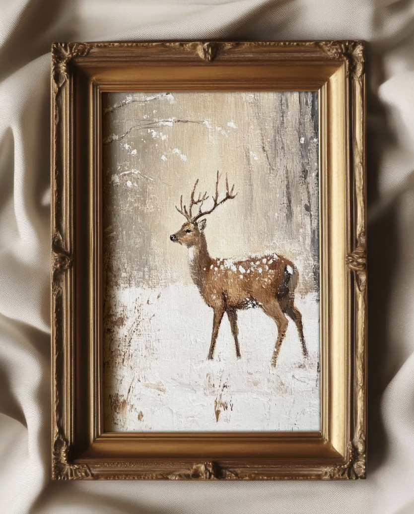 Vintage deer aesthetic art print featuring a classic deer illustration in soft neutral and woodland-inspired tones