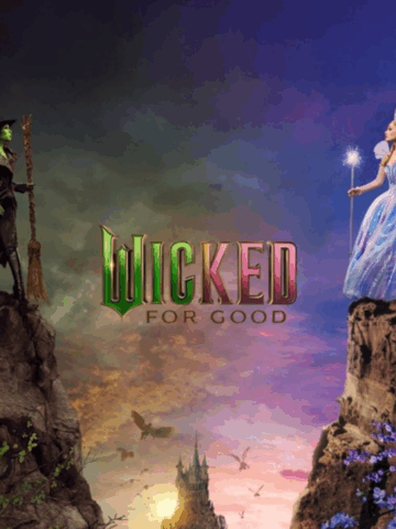 Glinda and Elphaba facing each other across cliffs with the Wicked For Good theme, cinematic iPhone background.