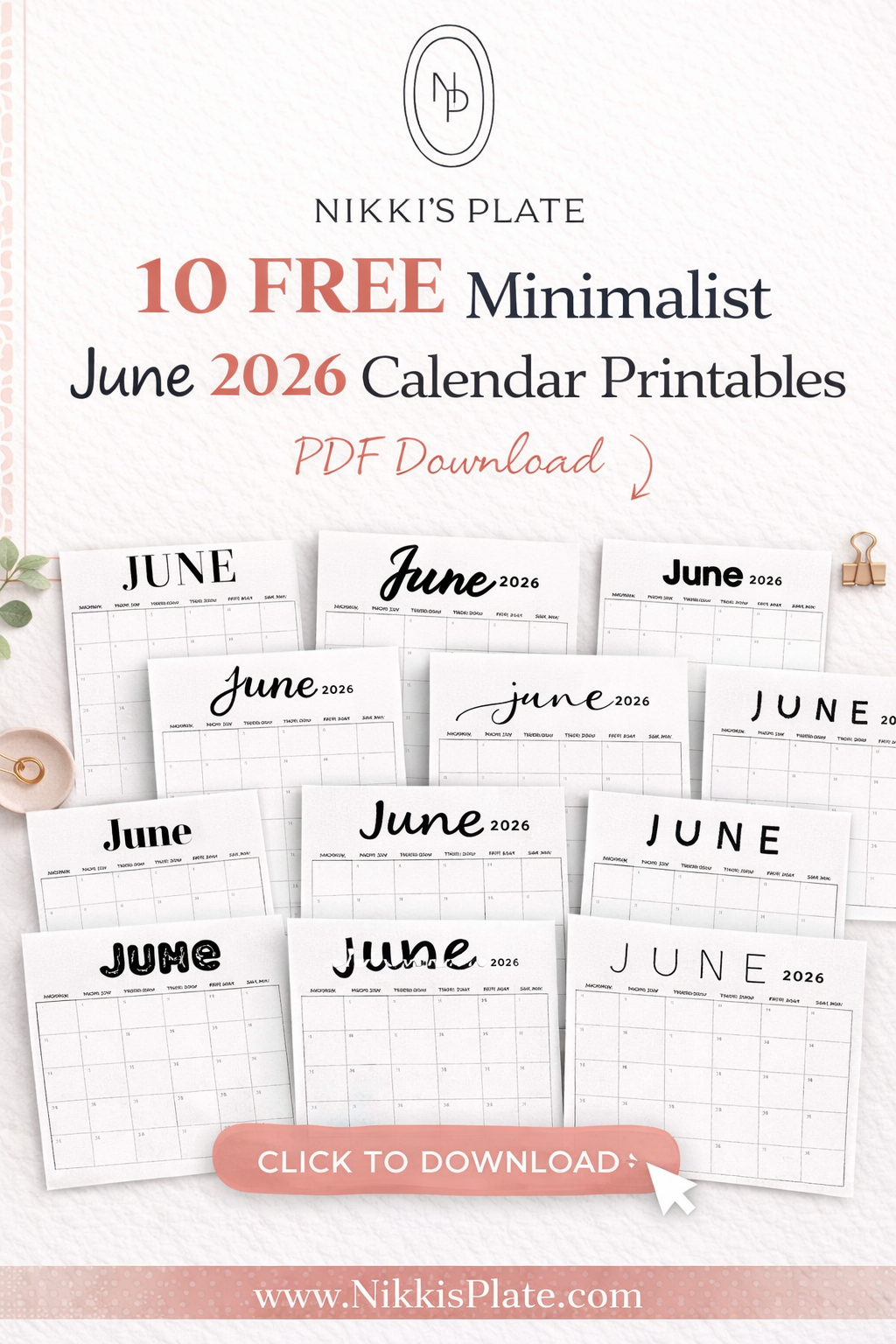 Download a free minimalist June 2026 calendar printable. Clean, simple design in high-resolution PDF - perfect for home, office, or planner use.