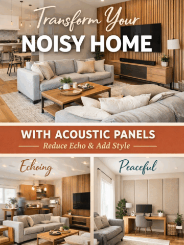 Pinterest pin showing a modern open-concept living room with wood slat acoustic panels and fabric wall panels, comparing an echoing noisy space to a peaceful, quiet home interior.