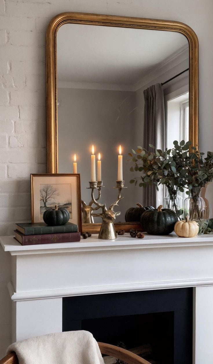 Cozy deer aesthetic mantel decor featuring a brass deer candle holder, vintage mirror, and soft neutral styling